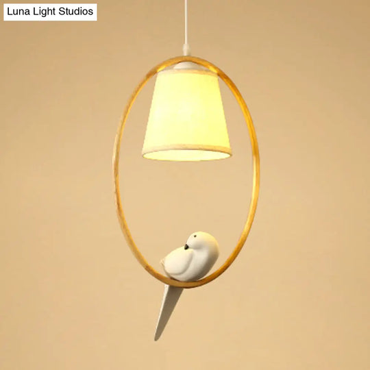 Contemporary Cone Pendant Light Fixture With Hanging Fabric Wood Ring And Resin Bird - 1/3 Lights