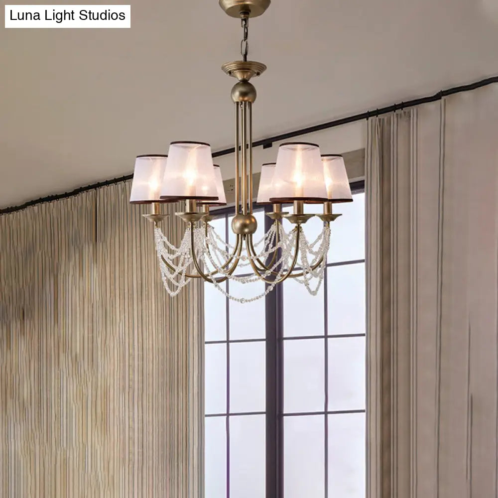 Contemporary Conical Pendant Chandelier With Crystal Bead - Brass Hanging Light Fixture 3/6 Fabric