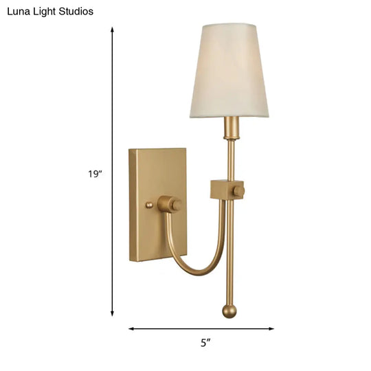 Contemporary Conical Wall Sconce - Single Head White Fabric Shade Gold Finish Ideal For Bedroom