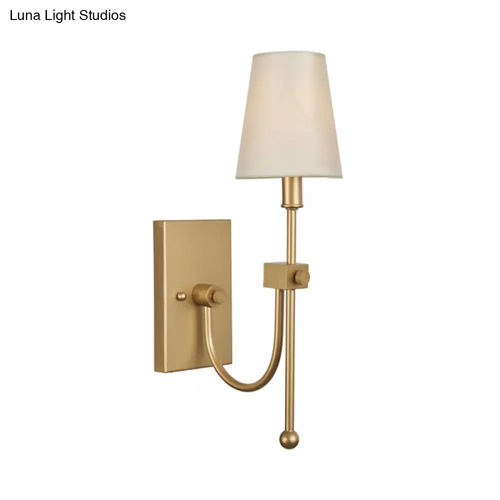 Contemporary Conical Wall Sconce - Single Head White Fabric Shade Gold Finish Ideal For Bedroom