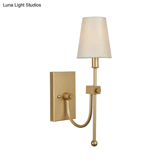 Contemporary Conical Wall Sconce - Single Head White Fabric Shade Gold Finish Ideal For Bedroom