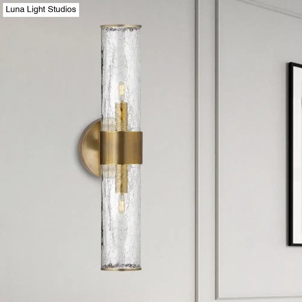 Contemporary Crackle Glass Wall Mounted Lighting: 2 Bulb Cylindrical Sconce In Brass