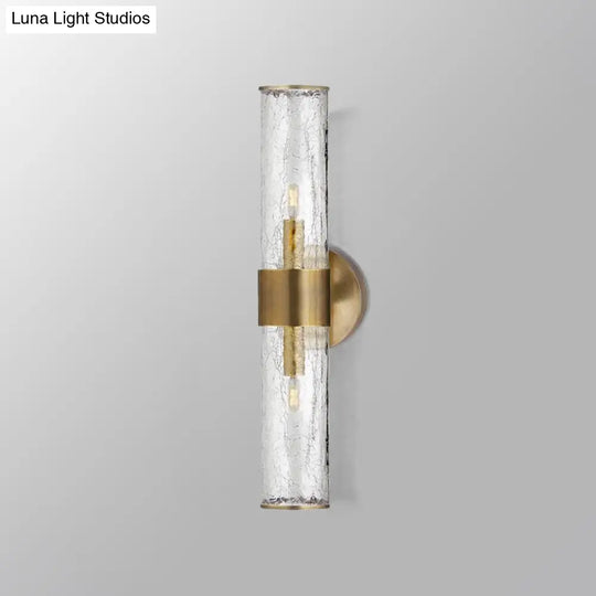 Contemporary Crackle Glass Wall Mounted Lighting: 2 Bulb Cylindrical Sconce In Brass