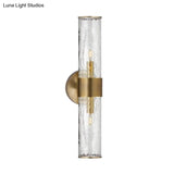 Contemporary Crackle Glass Wall Mounted Lighting: 2 Bulb Cylindrical Sconce In Brass