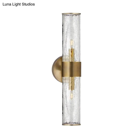 Contemporary Crackle Glass Wall Mounted Lighting: 2 Bulb Cylindrical Sconce In Brass