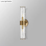 Contemporary Crackle Glass Wall Mounted Lighting: 2 Bulb Cylindrical Sconce In Brass