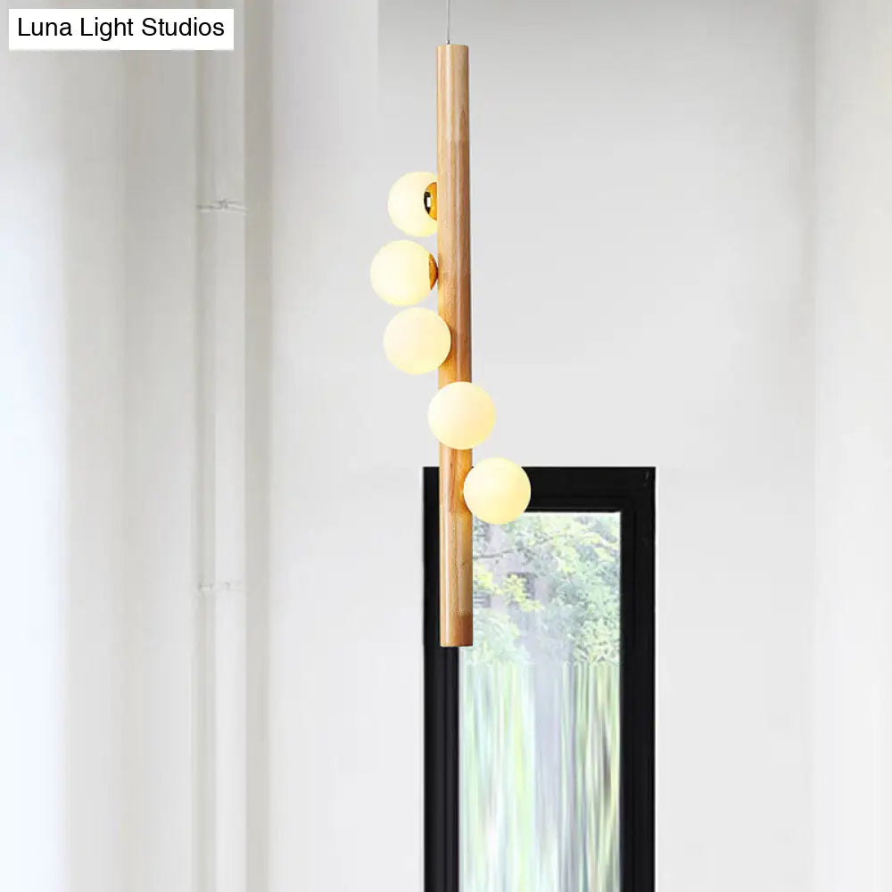 Contemporary Cream Glass Modo Chandelier Lighting With 5 Wood Pendant Lights – Ideal For Restaurants