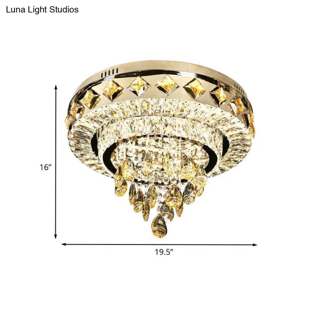 Contemporary Crystal 2 - Tier Led Ceiling Flush Mount Lamp - 19.5’/23.5’ Width Chrome With Drop