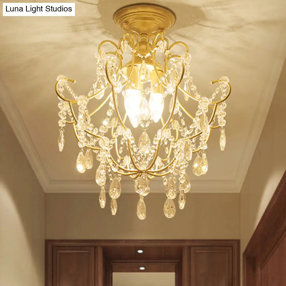 Contemporary Crystal 3-Headed Gold Semi Flush Ceiling Light With Swooping Arms - Porch