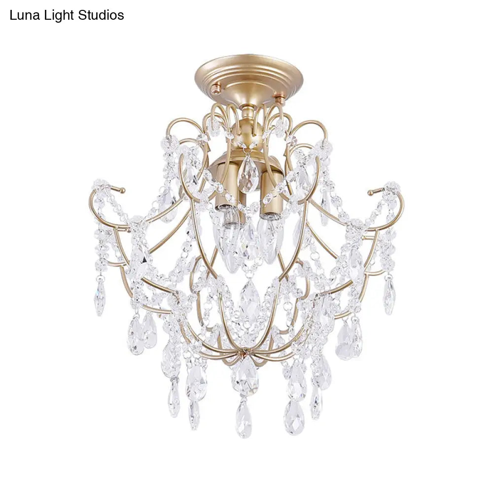 Contemporary Crystal 3-Headed Gold Semi Flush Ceiling Light With Swooping Arms - Porch