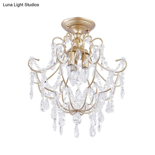Contemporary Crystal 3-Headed Gold Semi Flush Ceiling Light With Swooping Arms - Porch