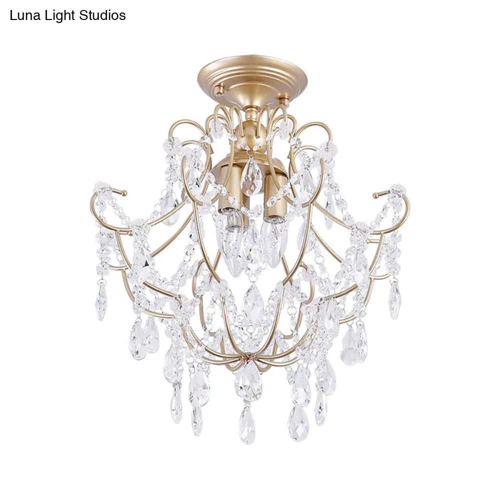 Contemporary Crystal 3 - Headed Gold Semi Flush Ceiling Light With Swooping Arms - Porch