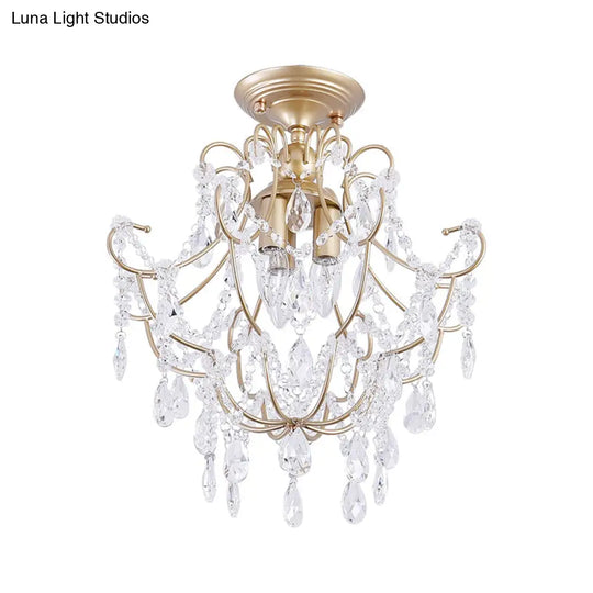 Contemporary Crystal 3 - Headed Gold Semi Flush Ceiling Light With Swooping Arms - Porch