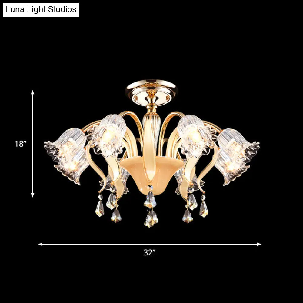Contemporary Crystal 8-Head Gold Flower Bedroom Ceiling Lamp