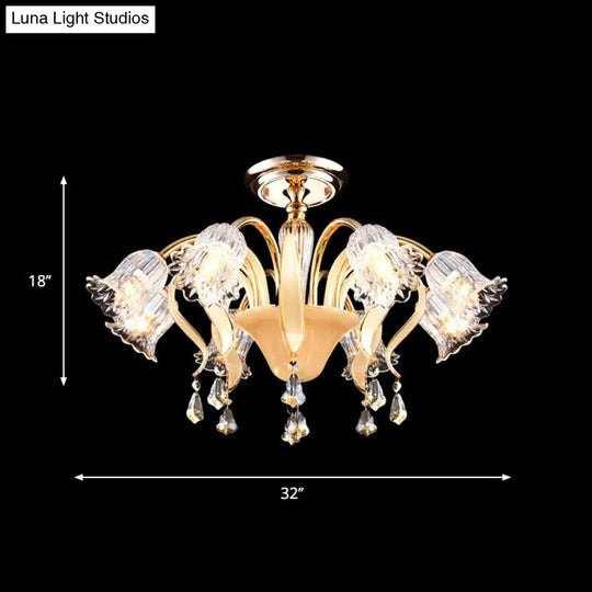 Contemporary Crystal 8-Head Gold Flower Bedroom Ceiling Lamp