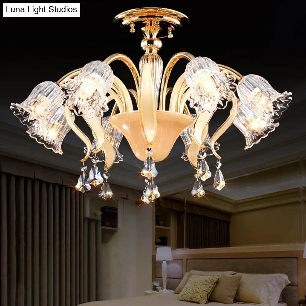 Contemporary Crystal 8-Head Gold Flower Bedroom Ceiling Lamp