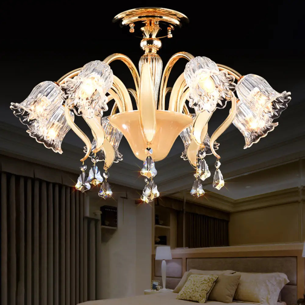 Contemporary Crystal 8-Head Gold Flower Bedroom Ceiling Lamp