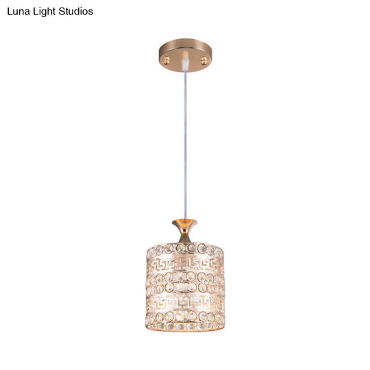 Contemporary Gold Hanging Pendant Lamp - 1 Light Cylinder Fixture With Crystal And Metal Details