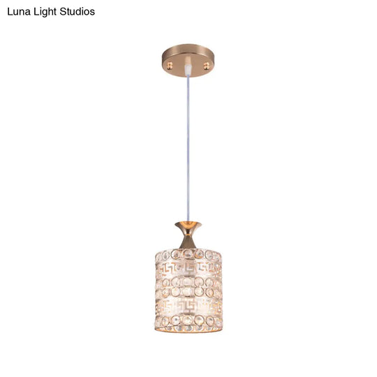 Contemporary Crystal And Metal Cylinder Pendant Lamp In Gold - 1-Light Hanging Fixture