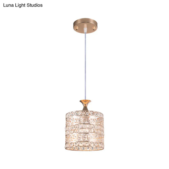 Contemporary Crystal And Metal Cylinder Pendant Lamp In Gold - 1-Light Hanging Fixture