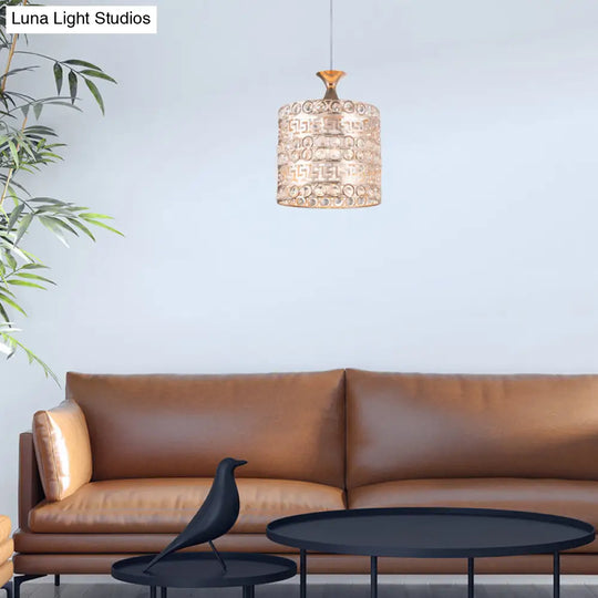 Contemporary Gold Hanging Pendant Lamp - 1 Light Cylinder Fixture With Crystal And Metal Details