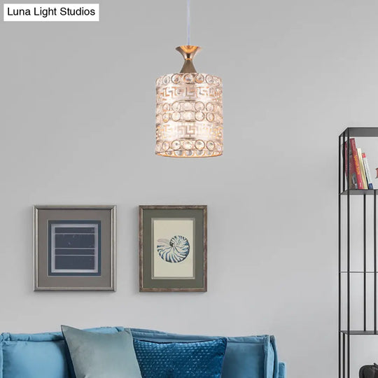 Contemporary Gold Hanging Pendant Lamp - 1 Light Cylinder Fixture With Crystal And Metal Details