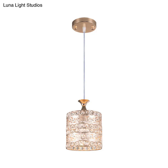 Contemporary Crystal And Metal Cylinder Pendant Lamp In Gold - 1-Light Hanging Fixture