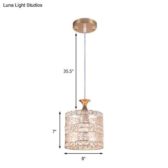 Contemporary Gold Hanging Pendant Lamp - 1 Light Cylinder Fixture With Crystal And Metal Details