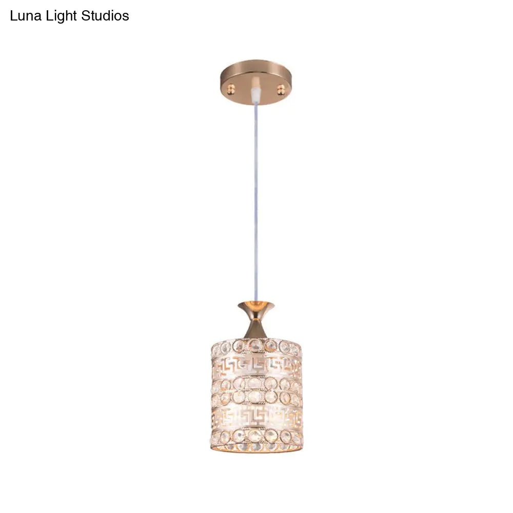 Contemporary Gold Hanging Pendant Lamp - 1 Light Cylinder Fixture With Crystal And Metal Details