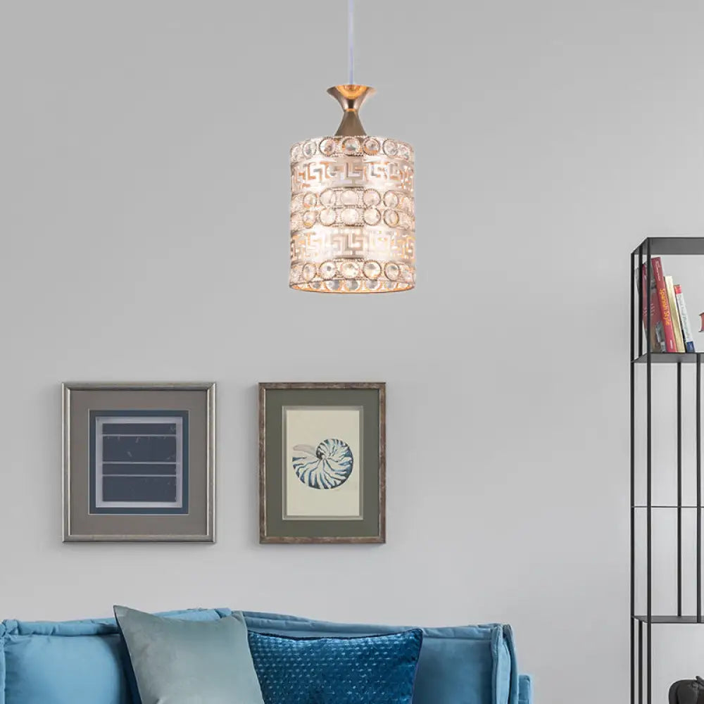 Contemporary Crystal And Metal Cylinder Pendant Lamp In Gold - 1-Light Hanging Fixture