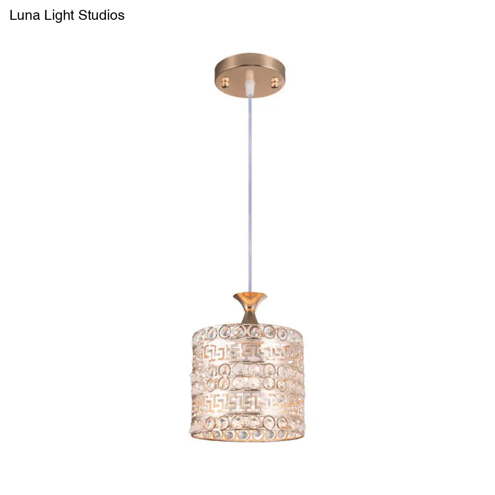 Contemporary Gold Hanging Pendant Lamp - 1 Light Cylinder Fixture With Crystal And Metal Details