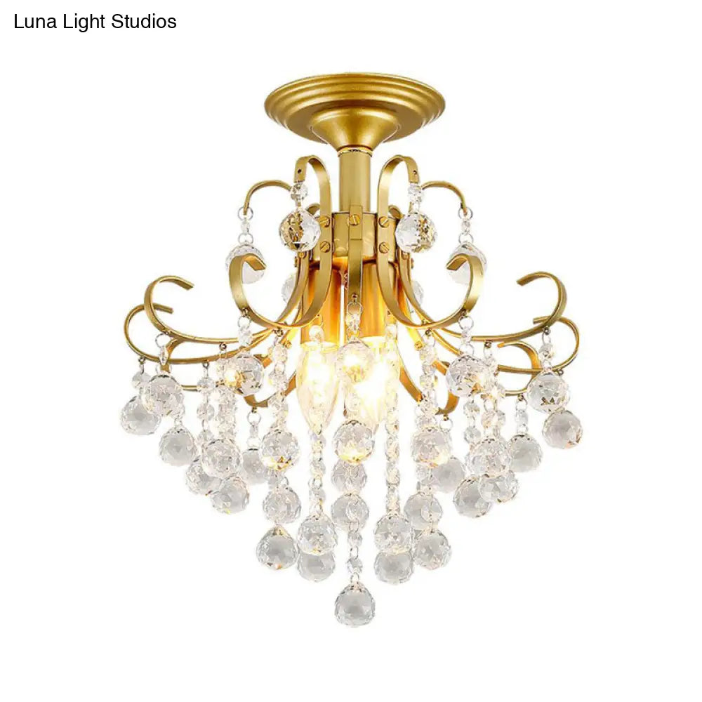 Contemporary Crystal Ball Semi Flush Light With 3 Gold/Black Lights Close To Ceiling