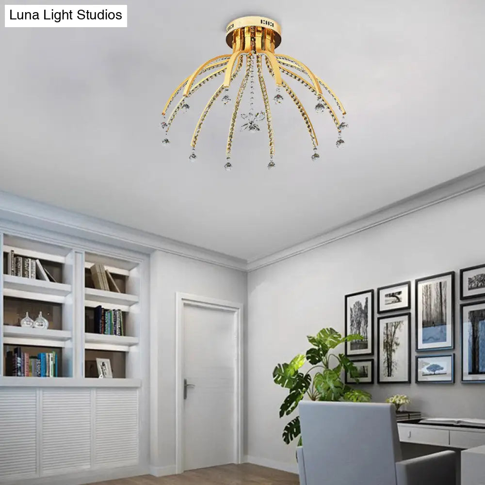 Contemporary Crystal Ball Sputnik Ceiling Mount - Gold Led Semi Flush Light Fixture With 12 Bulbs