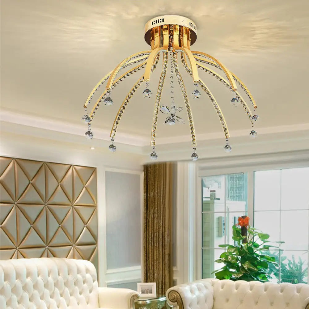 Contemporary Crystal Ball Sputnik Ceiling Mount - Gold Led Semi Flush Light Fixture With 12 Bulbs