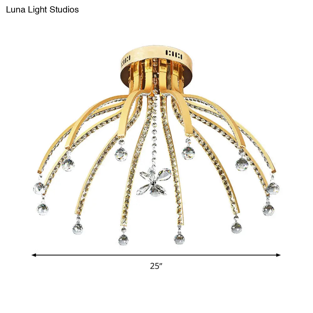 Contemporary Crystal Ball Sputnik Ceiling Mount - Gold Led Semi Flush Light Fixture With 12 Bulbs