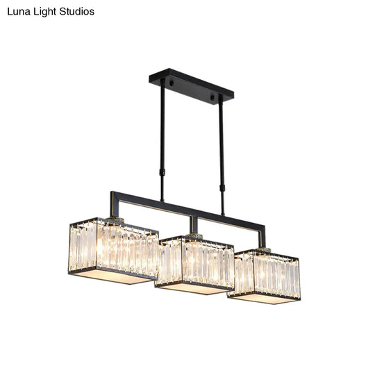 Contemporary Crystal Black Chandelier Island Light Fixture - Cubic Dining Hall Lamp 3 Bulbs