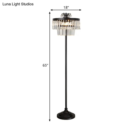 Contemporary Crystal Black Floor Lamp With 2-Tier Drum Shade - Stunning Standing Light