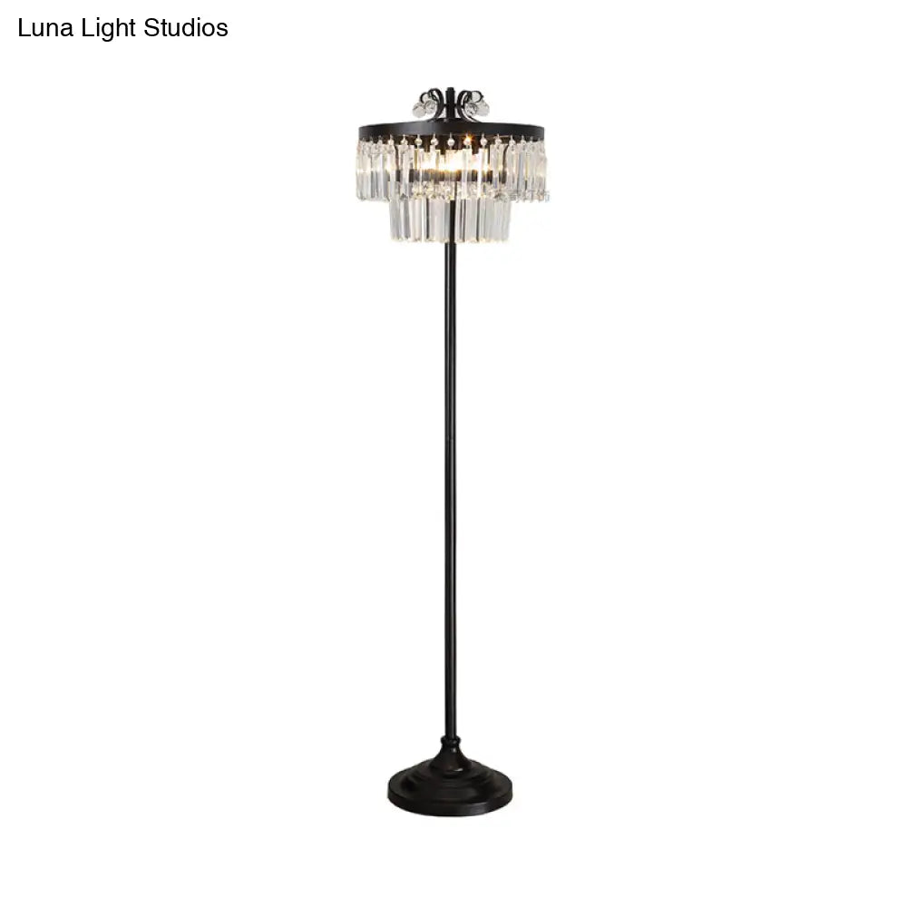 Contemporary Crystal Black Floor Lamp With 2-Tier Drum Shade - Stunning Standing Light