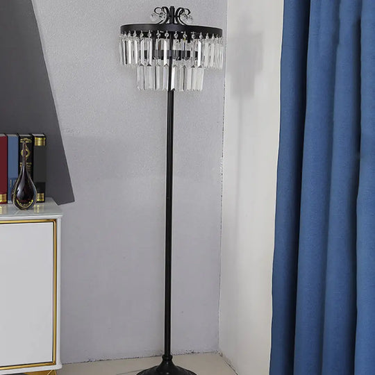 Contemporary Crystal Black Floor Lamp With 2-Tier Drum Shade - Stunning Standing Light