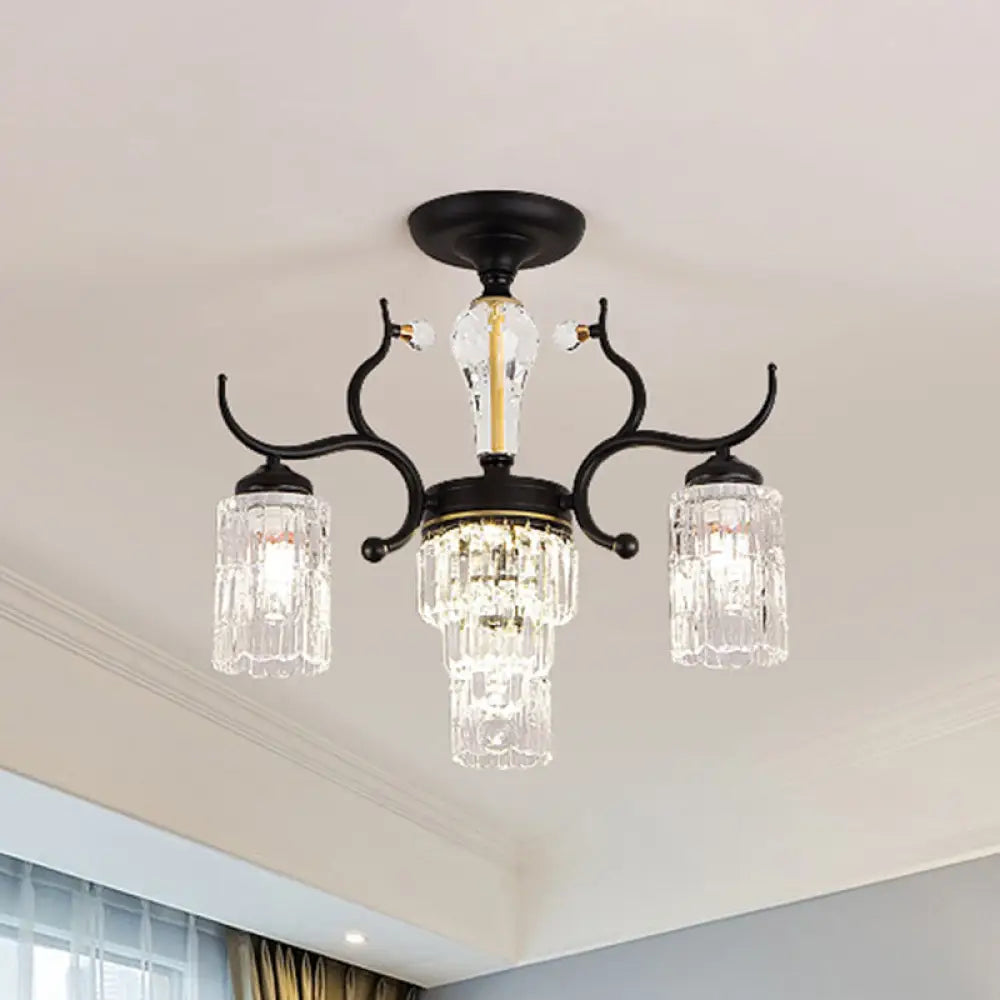Contemporary Crystal Black Flush Chandelier -Cylindrical Bedroom Semi Ceiling Mount Lamp (3/6