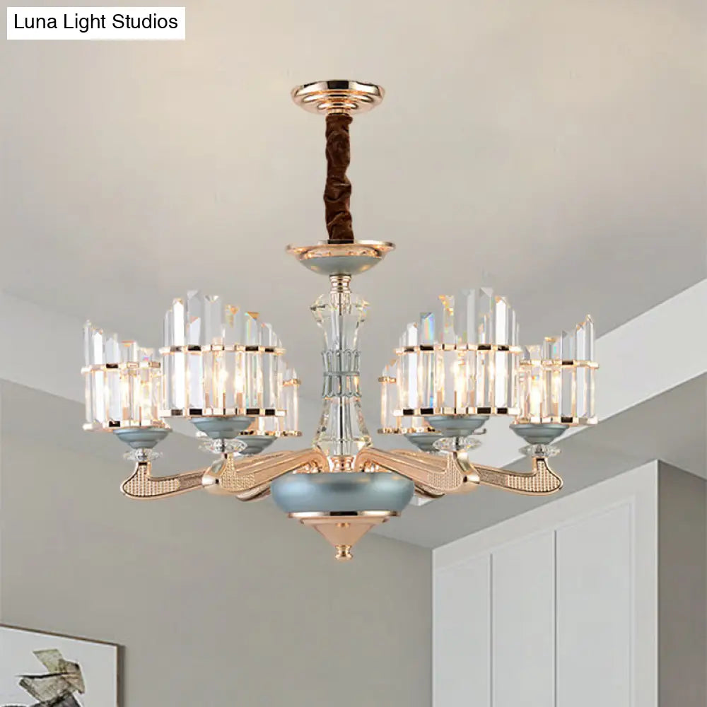 Contemporary Crystal Block Arced Panel Chandelier With 6 Bulbs Gold Pendulum Light And Blue Ceramic