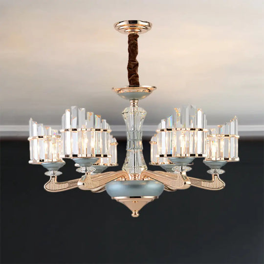 Contemporary Crystal Block Arced Panel Chandelier With 6 Bulbs Gold Pendulum Light And Blue Ceramic