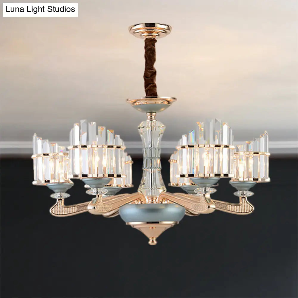 Contemporary Crystal Block Chandelier With Blue Ceramic Accents - 6 Bulbs Gold Finish