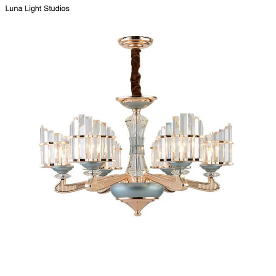 Contemporary Crystal Block Chandelier With Blue Ceramic Accents - 6 Bulbs Gold Finish