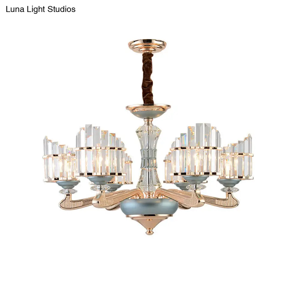 Contemporary Crystal Block Arced Panel Chandelier With 6 Bulbs Gold Pendulum Light And Blue Ceramic