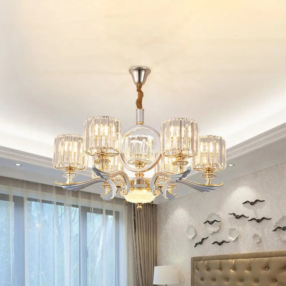 Contemporary Crystal Block Cylinder Suspension Light Chandelier - Silver 6/8-Head Ideal For Dining