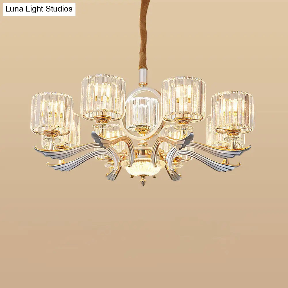 Contemporary Crystal Block Cylinder Suspension Light Chandelier - Silver 6/8-Head Ideal For Dining