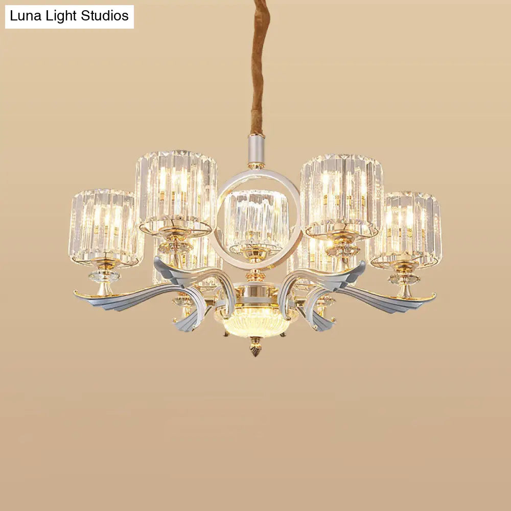 Contemporary Crystal Block Cylinder Suspension Light Chandelier - Silver 6/8-Head Ideal For Dining