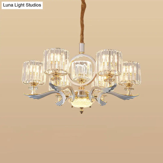 Contemporary Crystal Block Cylinder Suspension Light Chandelier - Silver 6/8-Head Ideal For Dining