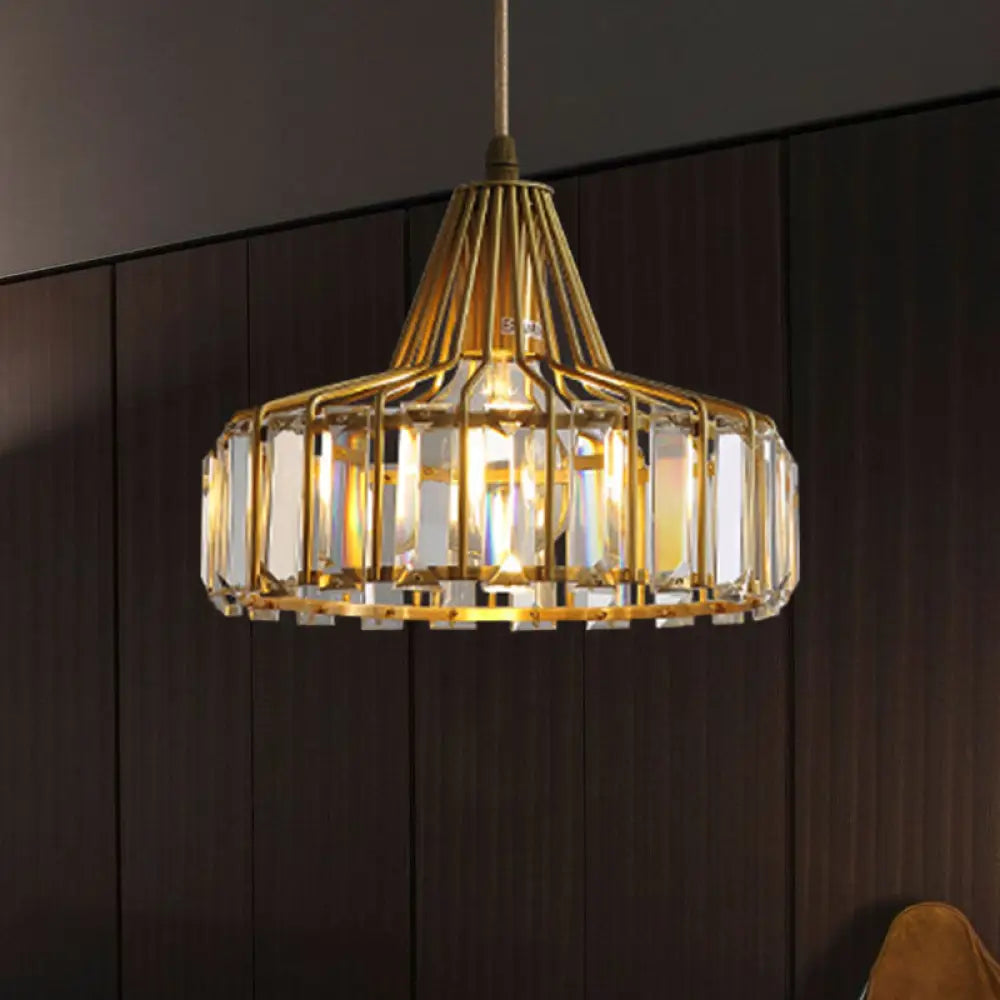 Contemporary Crystal Block Drum Pendant Light - Gold 1 10’/14’ Wide / 10’